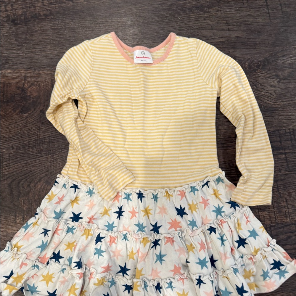 Yellow Striped Long Sleeve Dress with Star Pattern Skirt